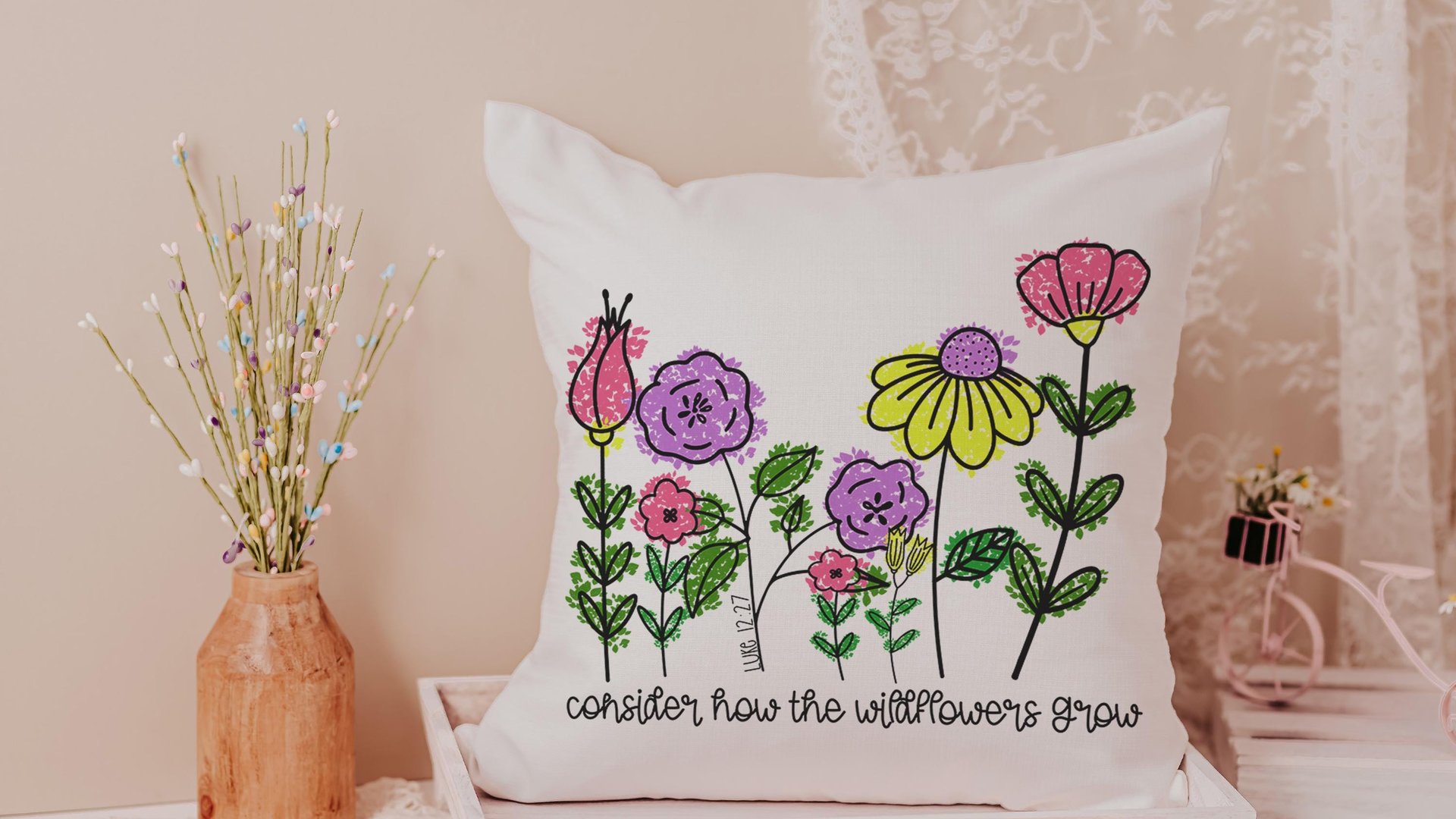 consider how the wildflowers grow lumbar throw pillows for couch religious decorative pillows for girls, Luke 12:27 decor, Christian nursery