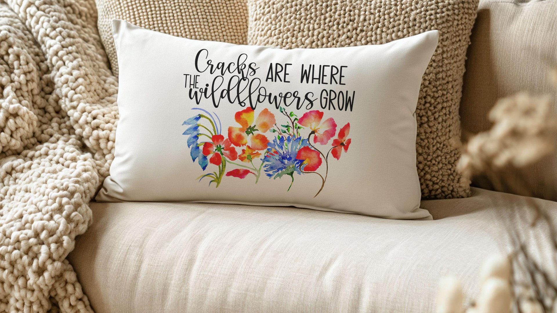 where the wildflowers grow lumbar throw pillows for couch red poppy decorative pillows for girls, cute housewarming gifts for daughter, blue