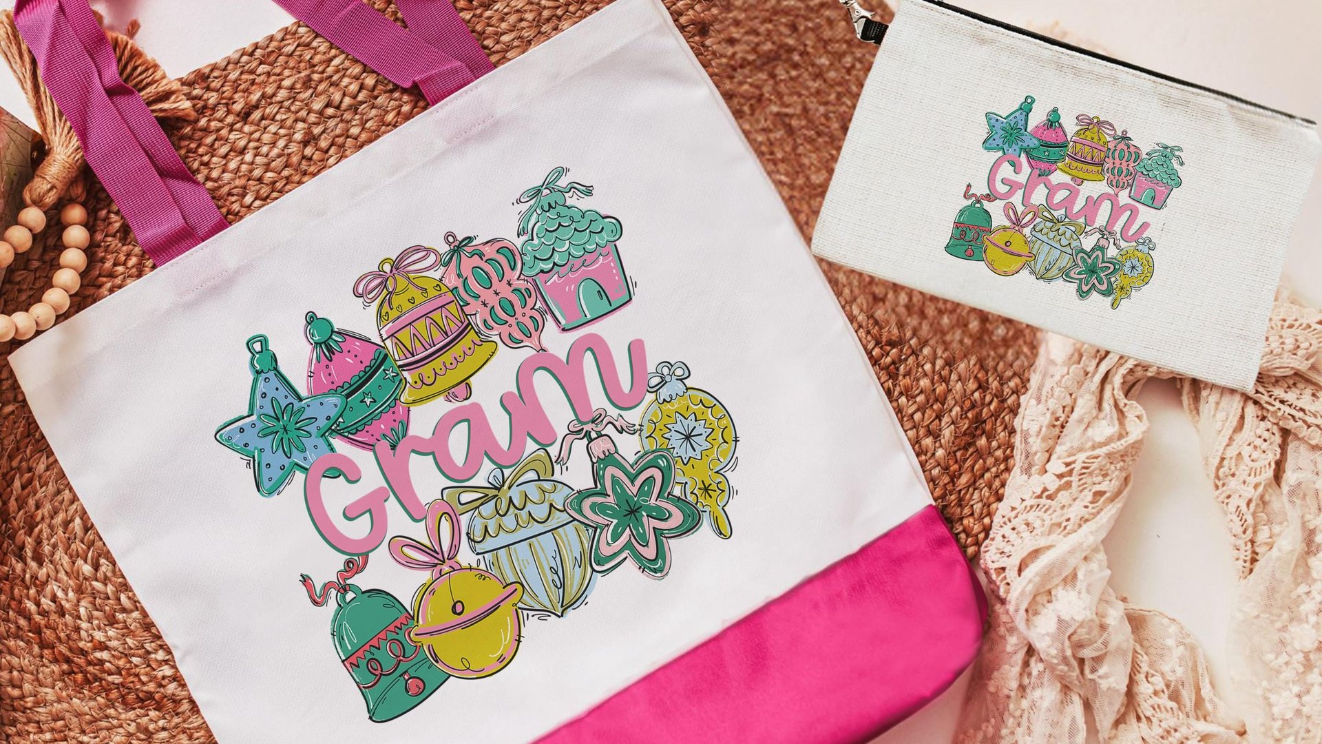 gram est 2026 tote bags for grandma, Gram Christmas gifts for mother in law, pastel Christmas zipper pouch, Gram Gram gifts, holiday makeup
