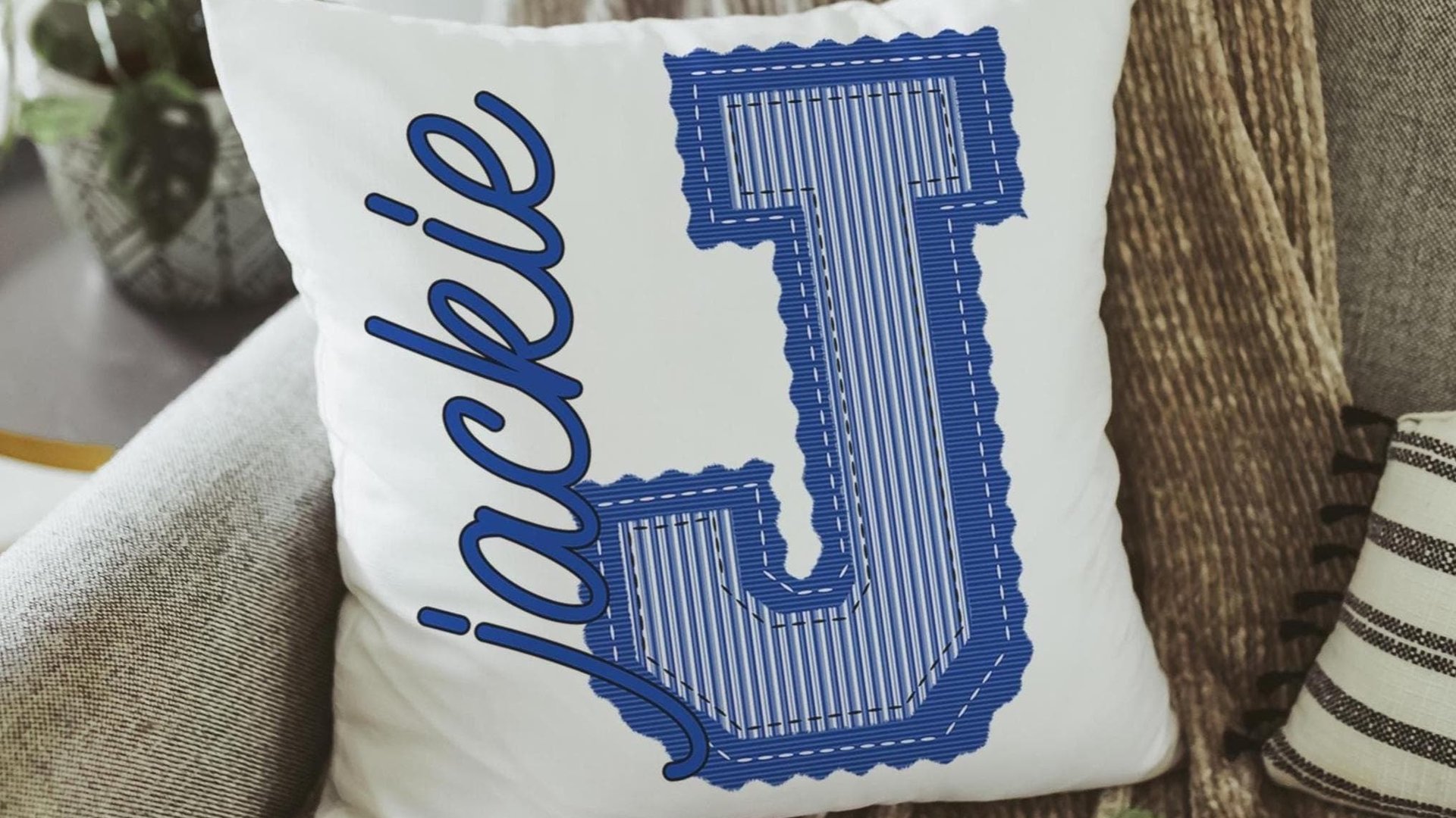 personalized royal blue seersucker pillow with name, trendy Christmas gifts for girls, teenage girl gifts, initial throw pillow for dorm
