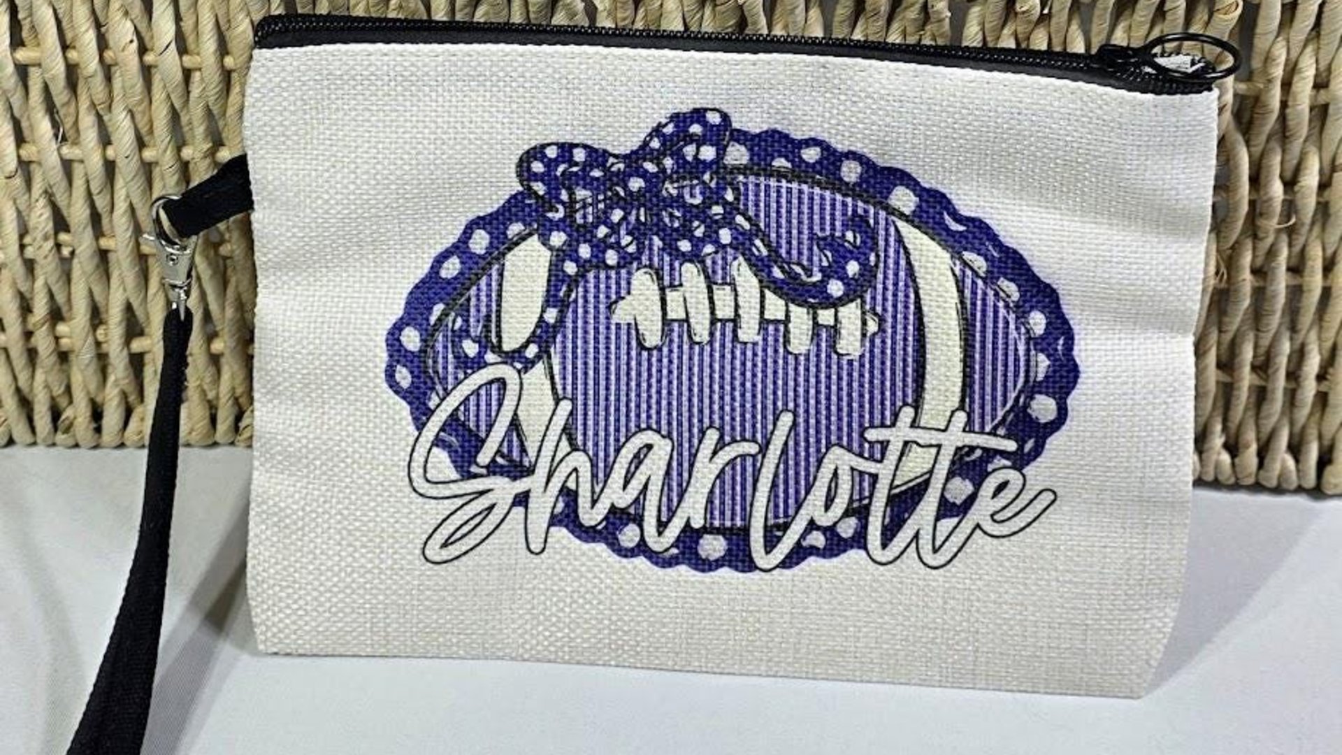 personalized seersucker football coquette makeup bag with name, royal blue school spirit accessories, stocking stuffers for teenage girls