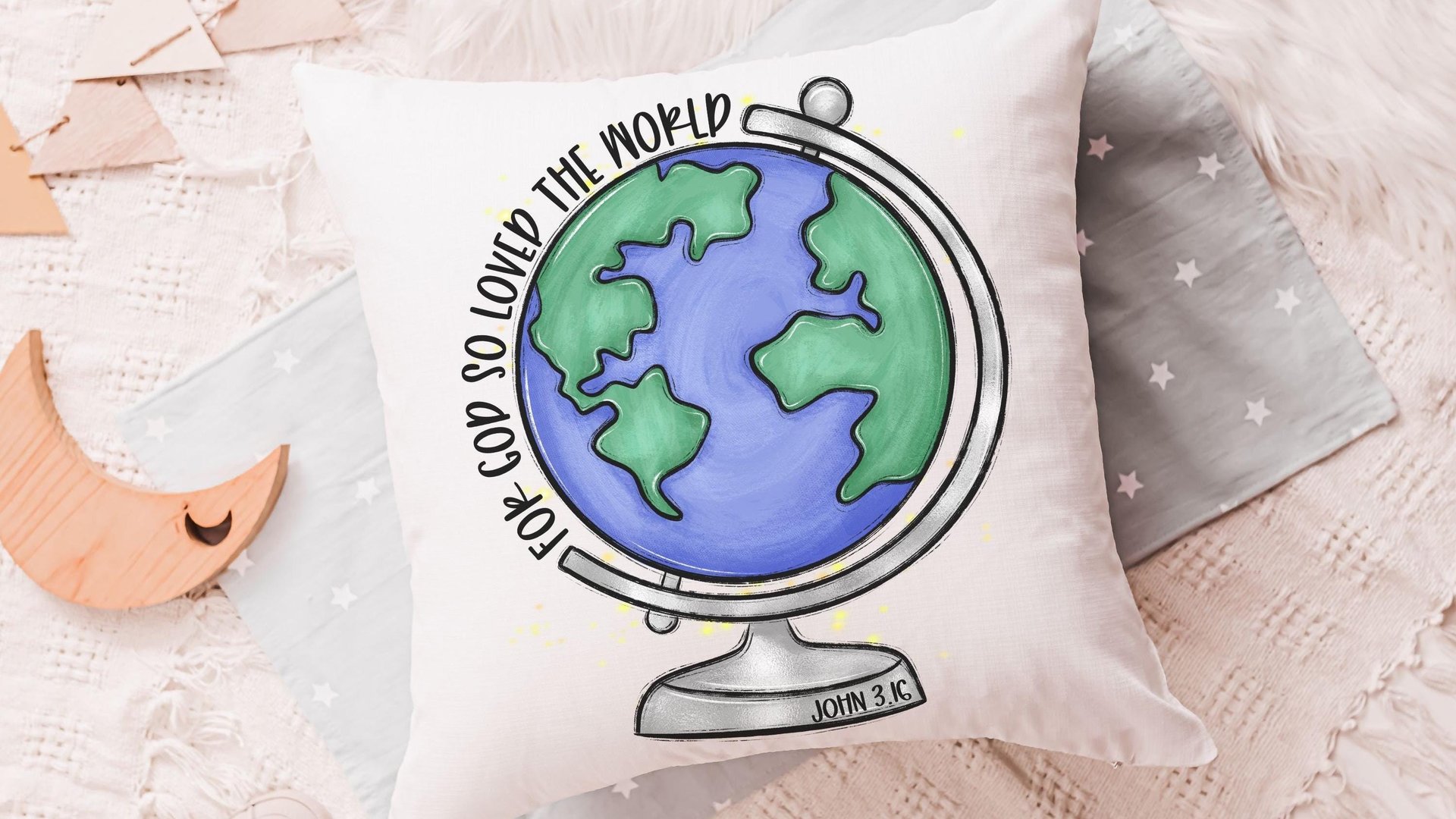for God so loved the world Earth globe throw pillows for kids, baptism gift boy from grandparents, John 3 16 Bible verse pillow covers 18x18