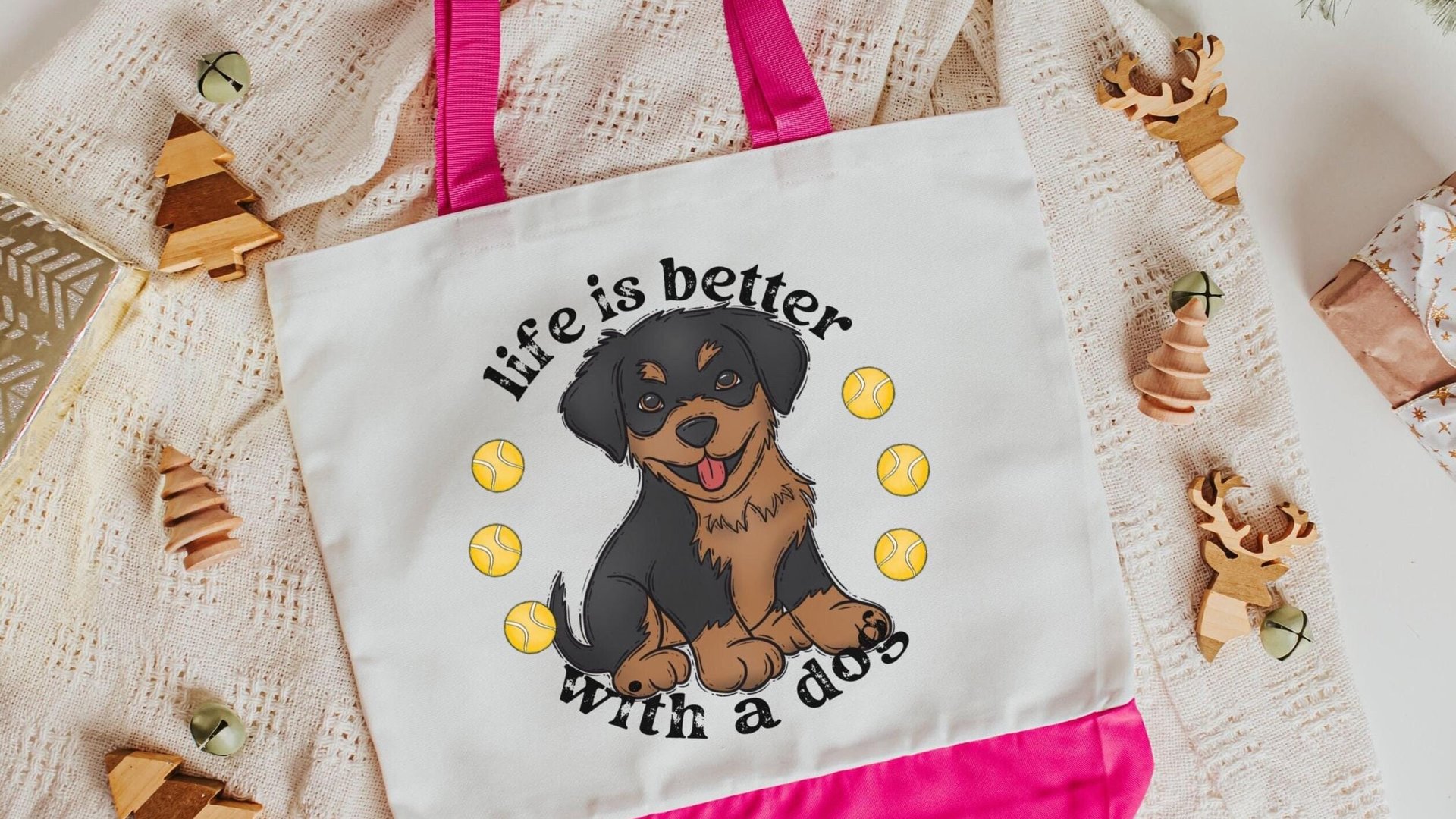 Life is better with a dog, rottweiler tote bag