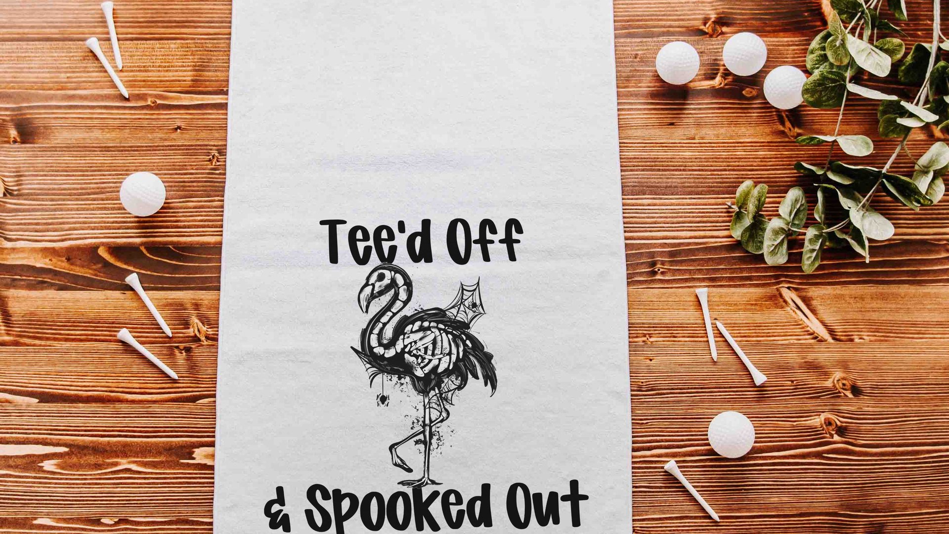 flamingo skeleton funny golf towels with grommet, Halloween golf ball towel with hook, flamingo gifts for women, spooky cute golf gifts for