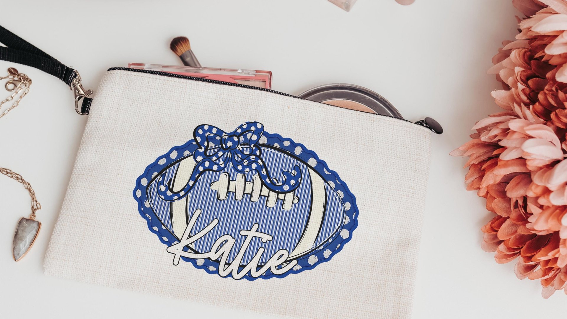 personalized purple seersucker makeup bag, purple school pride purple school supplies, seersucker football game day accessories, cheer squad