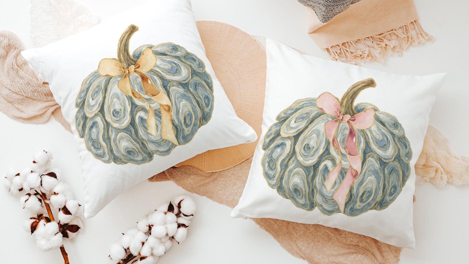 oyster shell pumpkin accent pillows for chair, Thanksgiving hosting gift, nautical pumpkins autumn kitchen hand towels, fall coastal kitchen