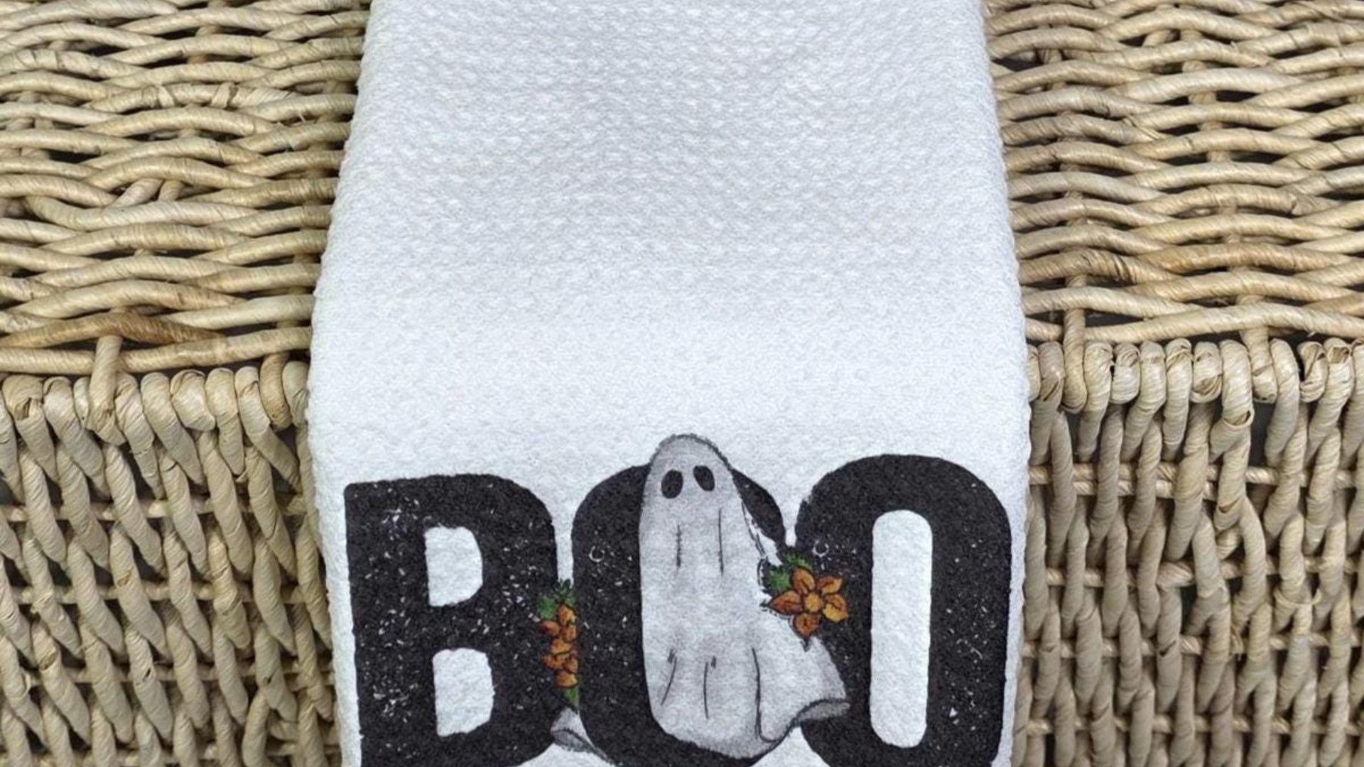 whimsical Halloween kitchen towel fall hand towels for bathroom, boo Halloween decorations for home, floral ghost kitchen decor, spooky cute