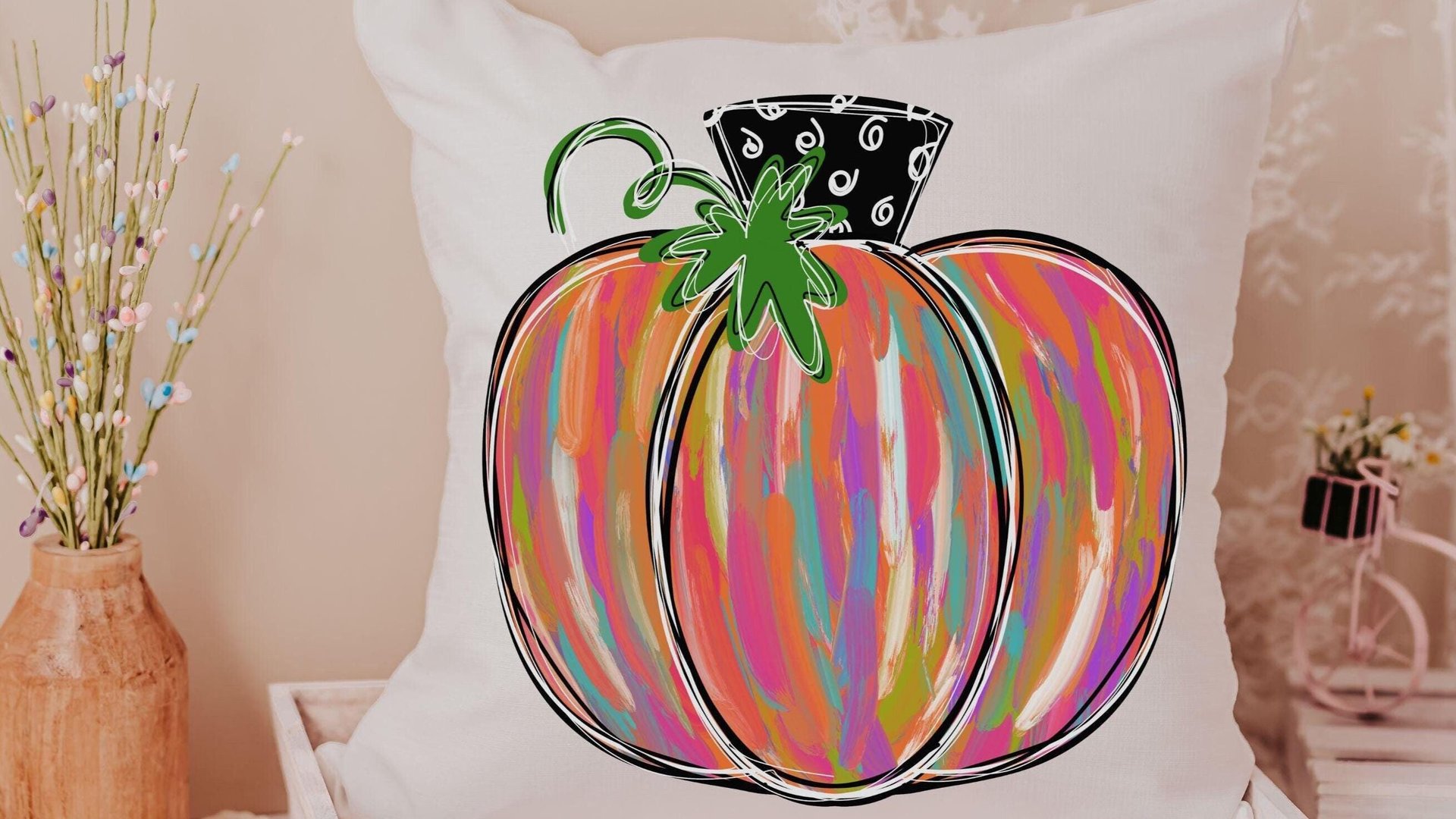 watercolor pumpkin throw pillow for bed trendy fall decor for home, autumn pillow covers 18x18, Thanksgiving hostess gifts for women, cute