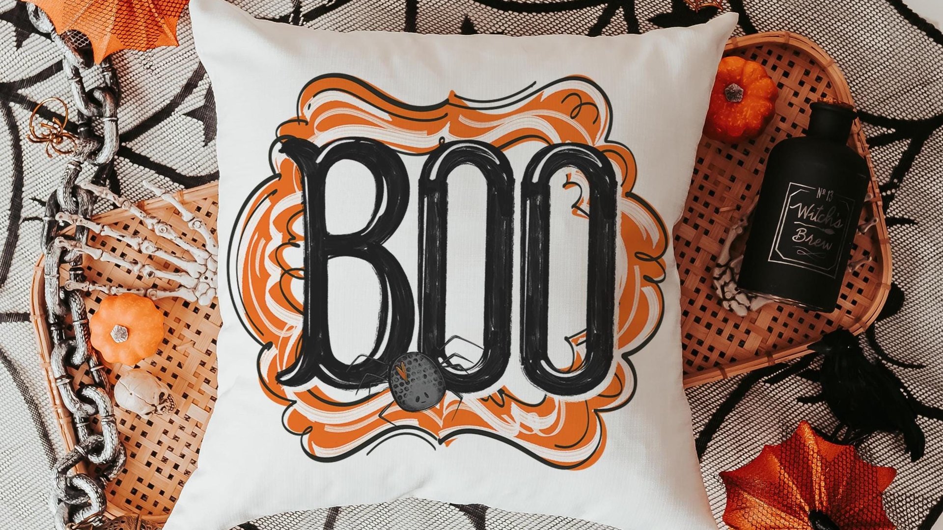 boo Halloween throw pillows for chair, boo basket gifts for her, cute spider Halloween kitchen towels, spooky season gifts, fall host gift