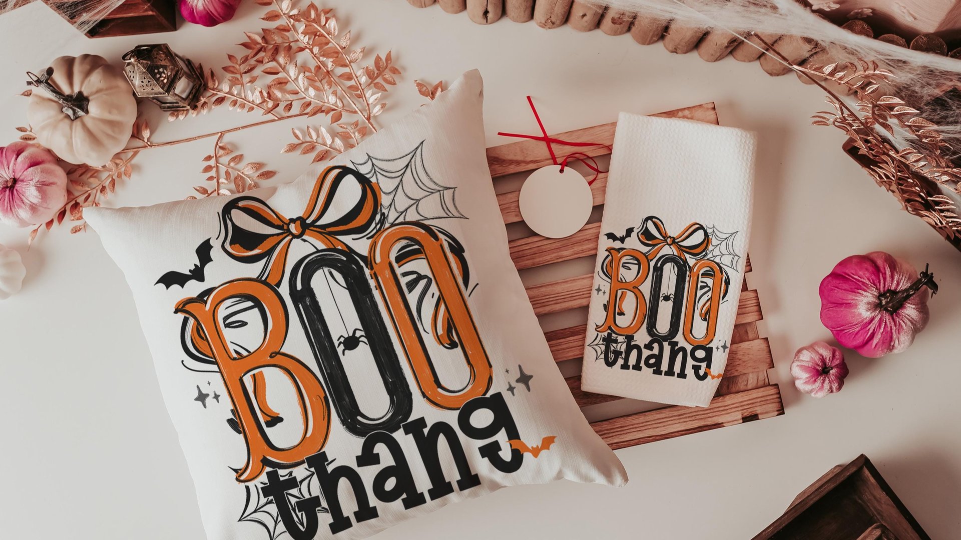 boo thang funny Halloween throw pillows for chair, boo basket stuffers for adults, Halloween coquette kitchen towels, spooky season gifts