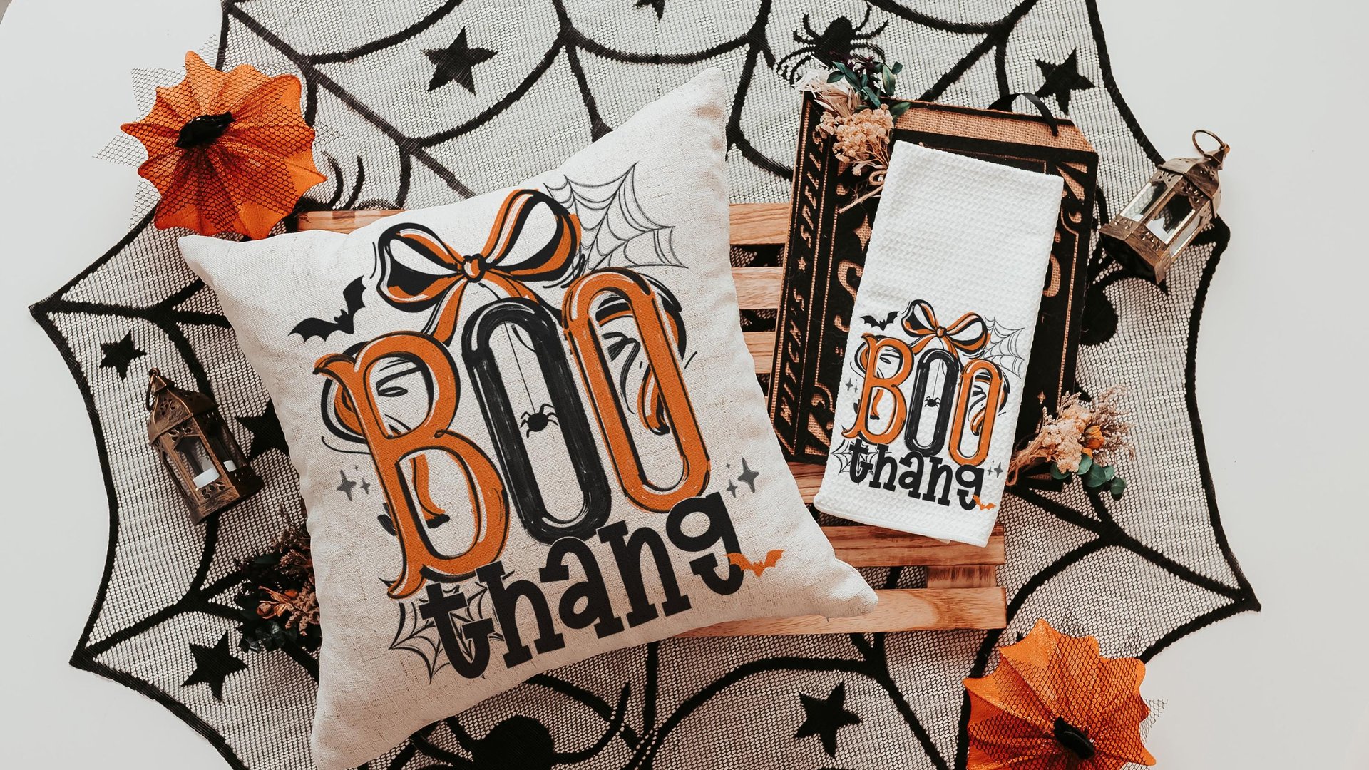 boo thang funny Halloween throw pillows for chair, boo basket stuffers for adults, Halloween coquette kitchen towels, spooky season gifts