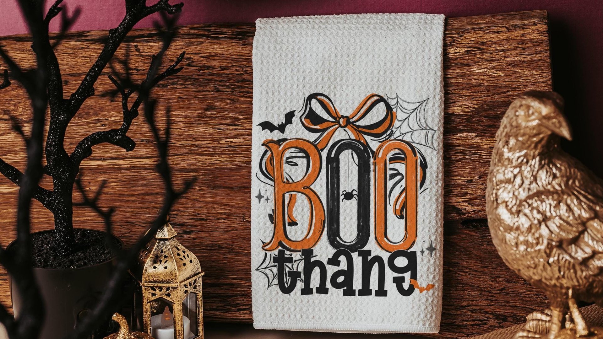 boo thang funny Halloween throw pillows for chair, boo basket stuffers for adults, Halloween coquette kitchen towels, spooky season gifts