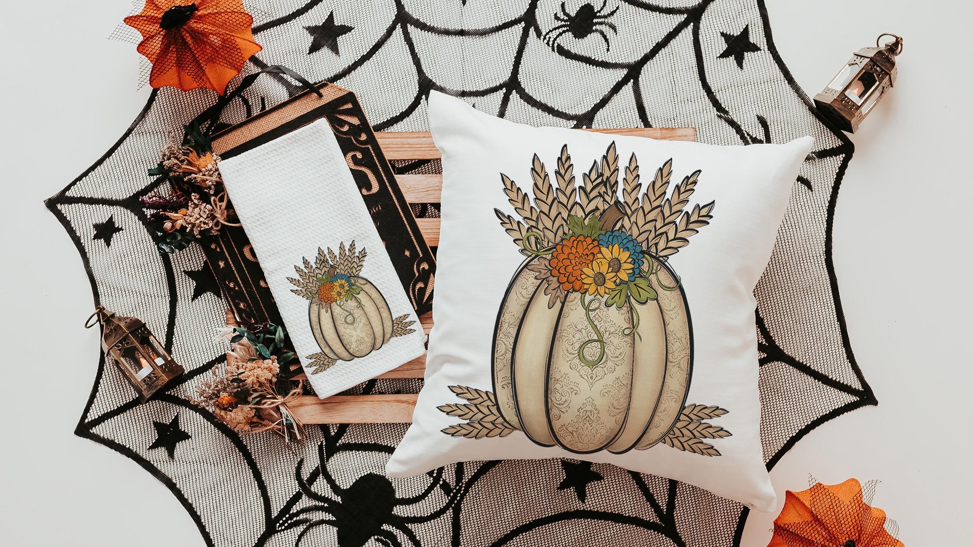 wheat pumpkin decorative pillows for couch, sunflower pumpkin kitchen towels, harvest decor, Thanksgiving hosting gift, pumpkin season gifts