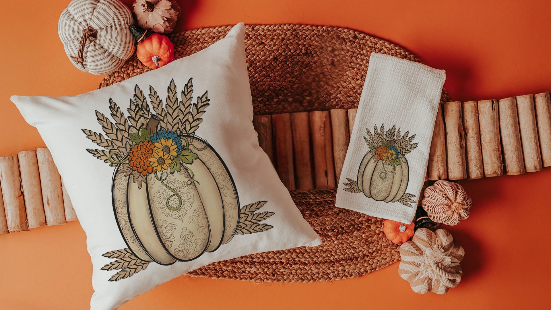 wheat pumpkin decorative pillows for couch, sunflower pumpkin kitchen towels, harvest decor, Thanksgiving hosting gift, pumpkin season gifts