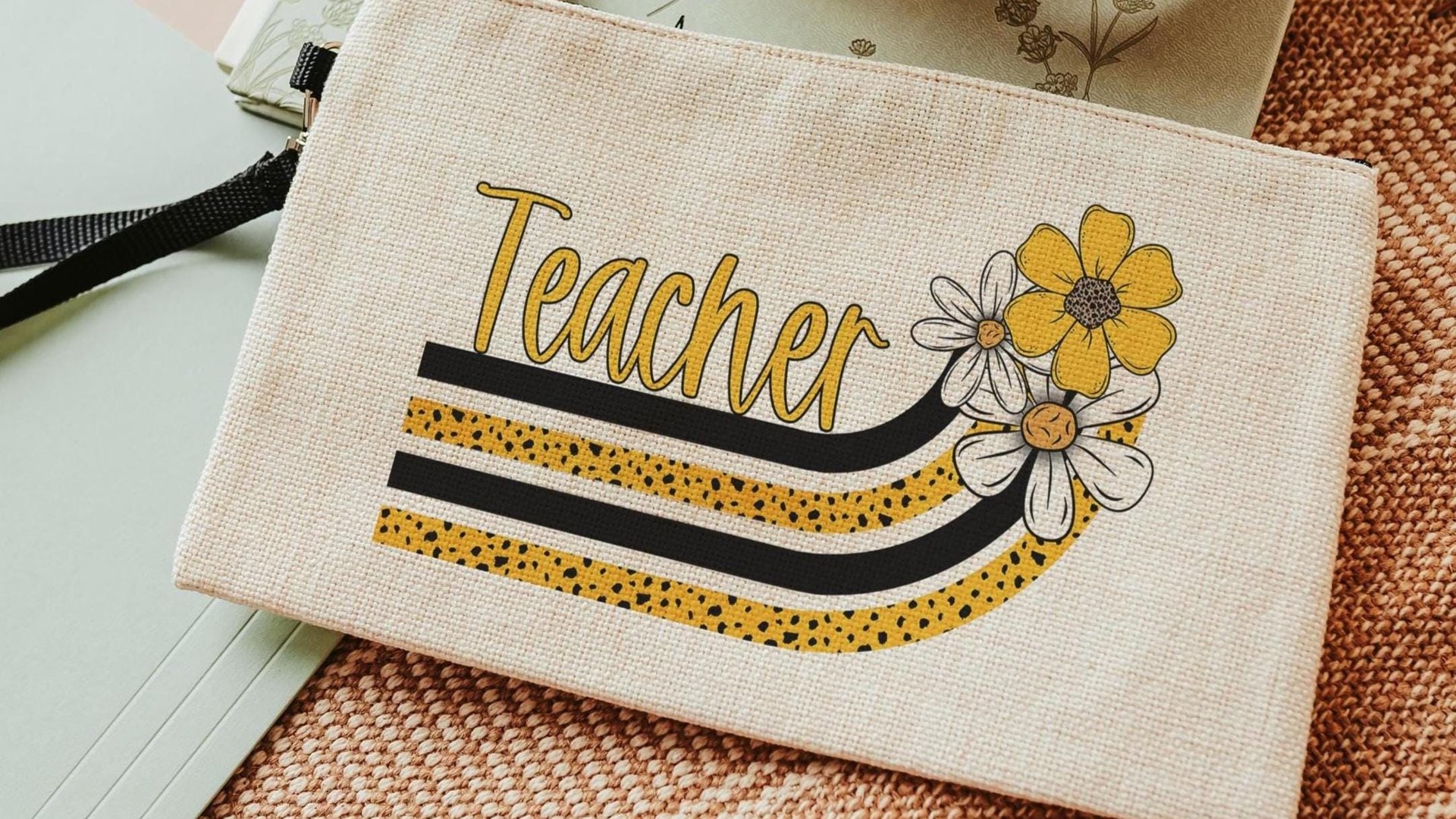orange and white daisy pencil pouch personalized cute makeup bag, orange school spirit school supplies, first grade teacher gifts for women