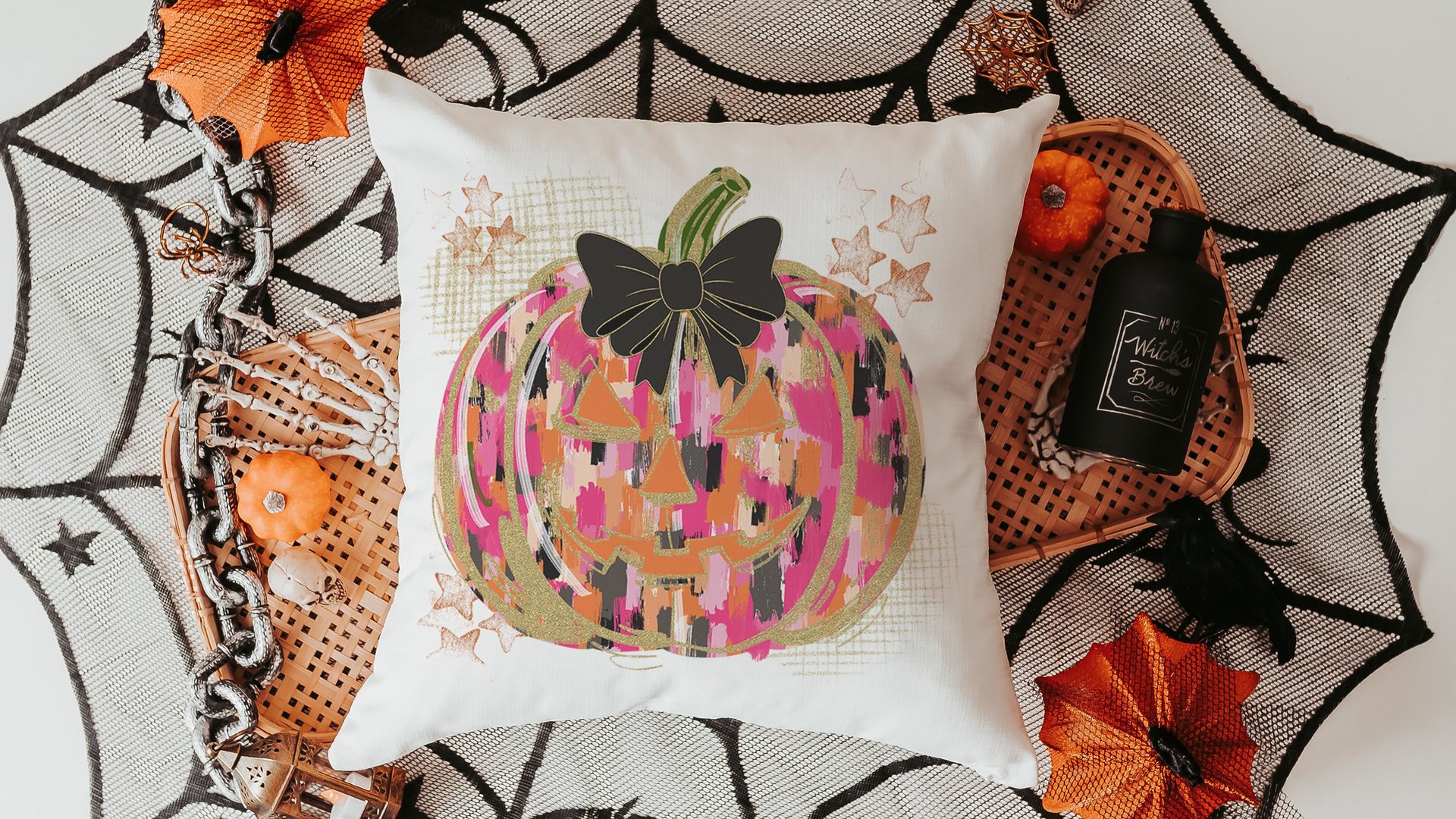 hot pink Halloween pumpkin throw pillows for couch, trendy pumpkin season jack o lantern coquette pillow cover 18 x 18, boo basket stuffers