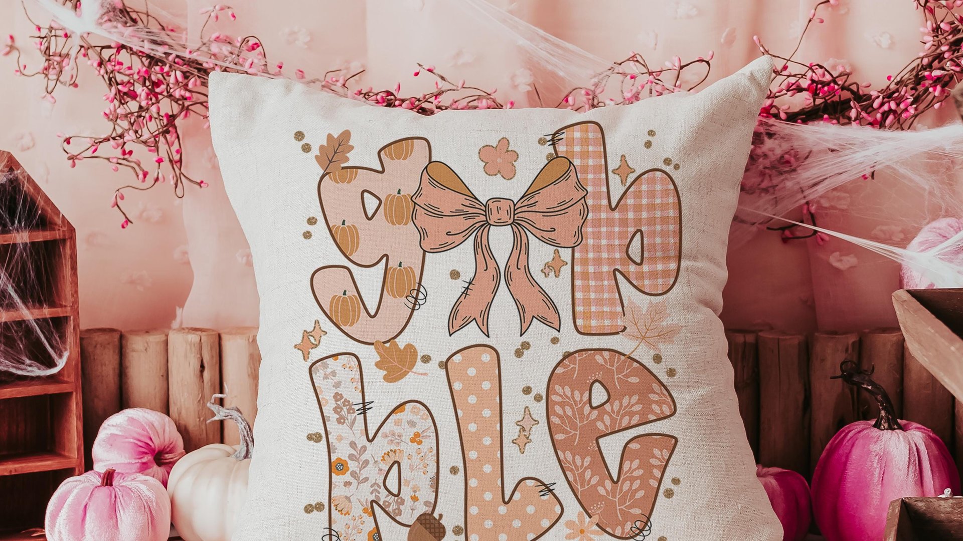 gobble Thanksgiving coquette throw pillows for couch, Thanksgiving hosting gift, fall floral pumpkin pillow autumn housewarming gift for