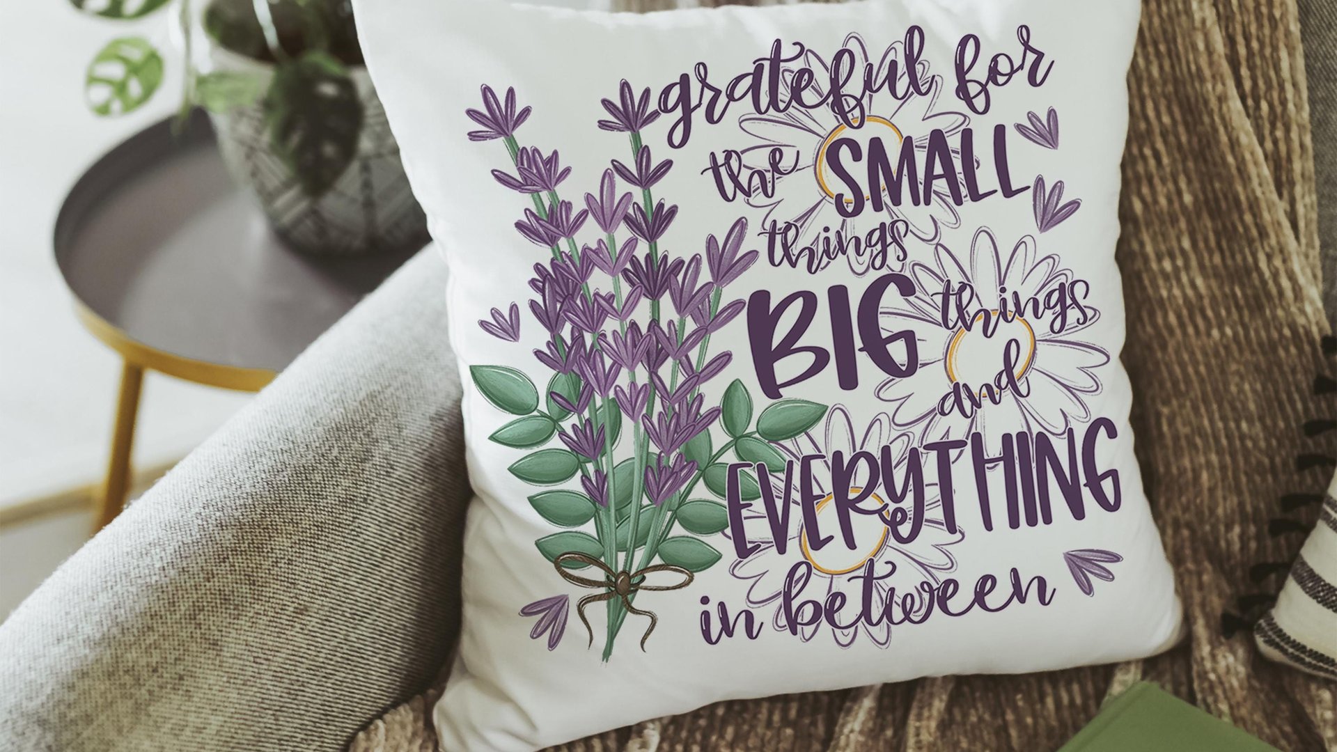 grateful for the small things decorative pillows for bedroom, gratitude gift for friend, lavender flowers throw pillow covers 18 x 18, best