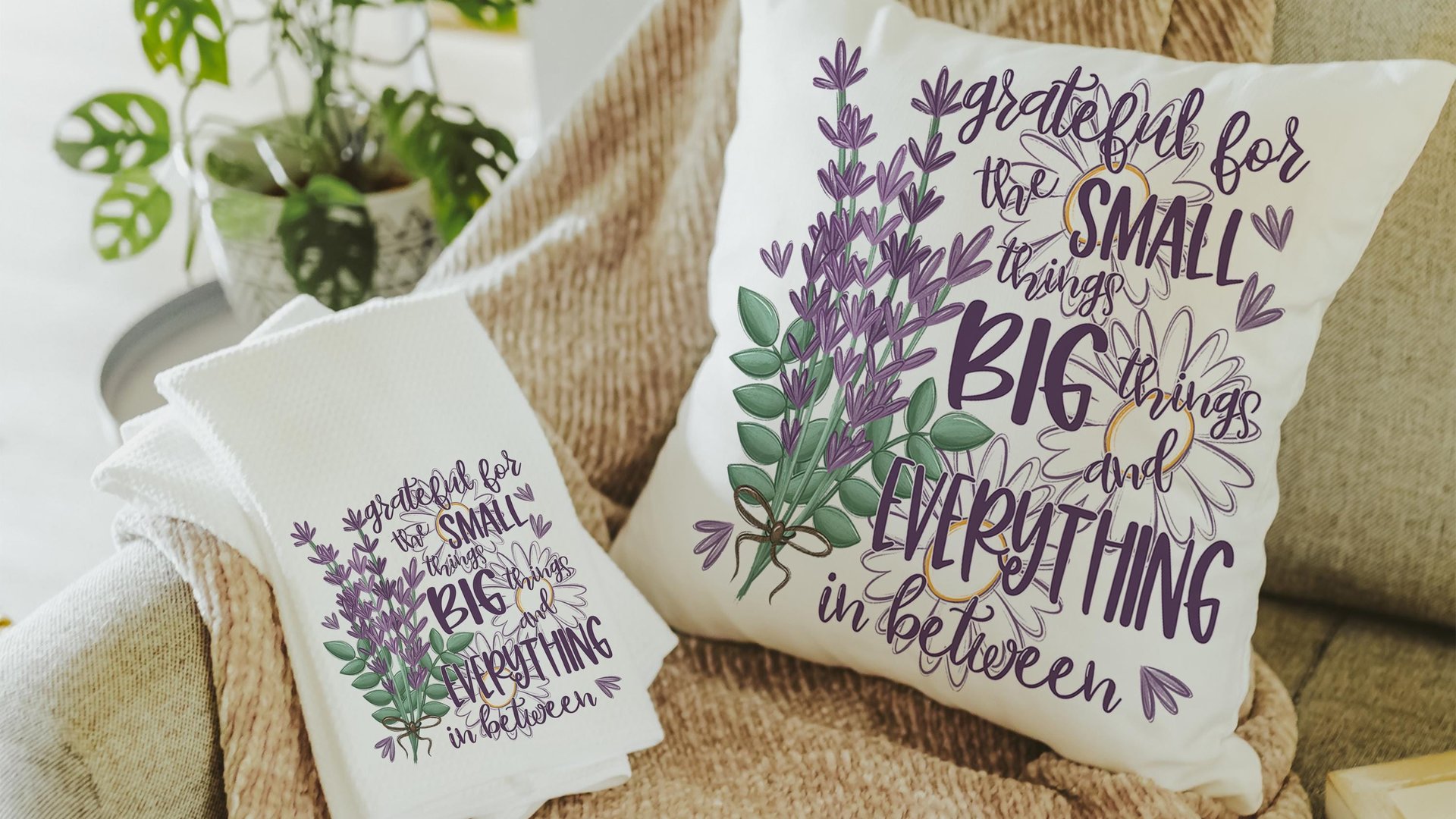 grateful for the small things decorative pillows for bedroom, gratitude gift for friend, lavender flowers throw pillow covers 18 x 18, best