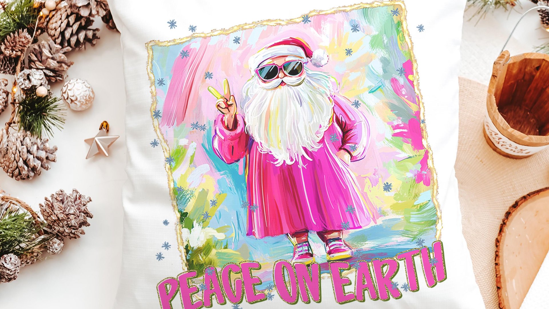 hippie Santa throw pillows for couch, peace on earth kitchen towels for Christmas, hot pink Santa Claus holiday hosting decor home decor