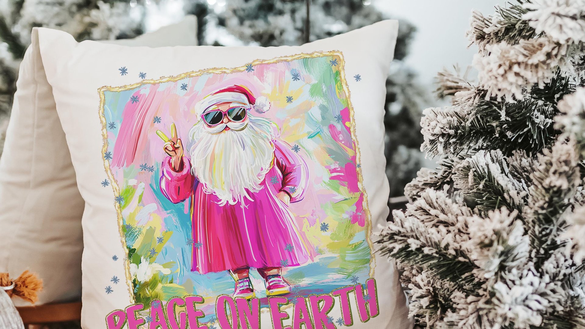 hippie Santa throw pillows for couch, peace on earth kitchen towels for Christmas, hot pink Santa Claus holiday hosting decor home decor