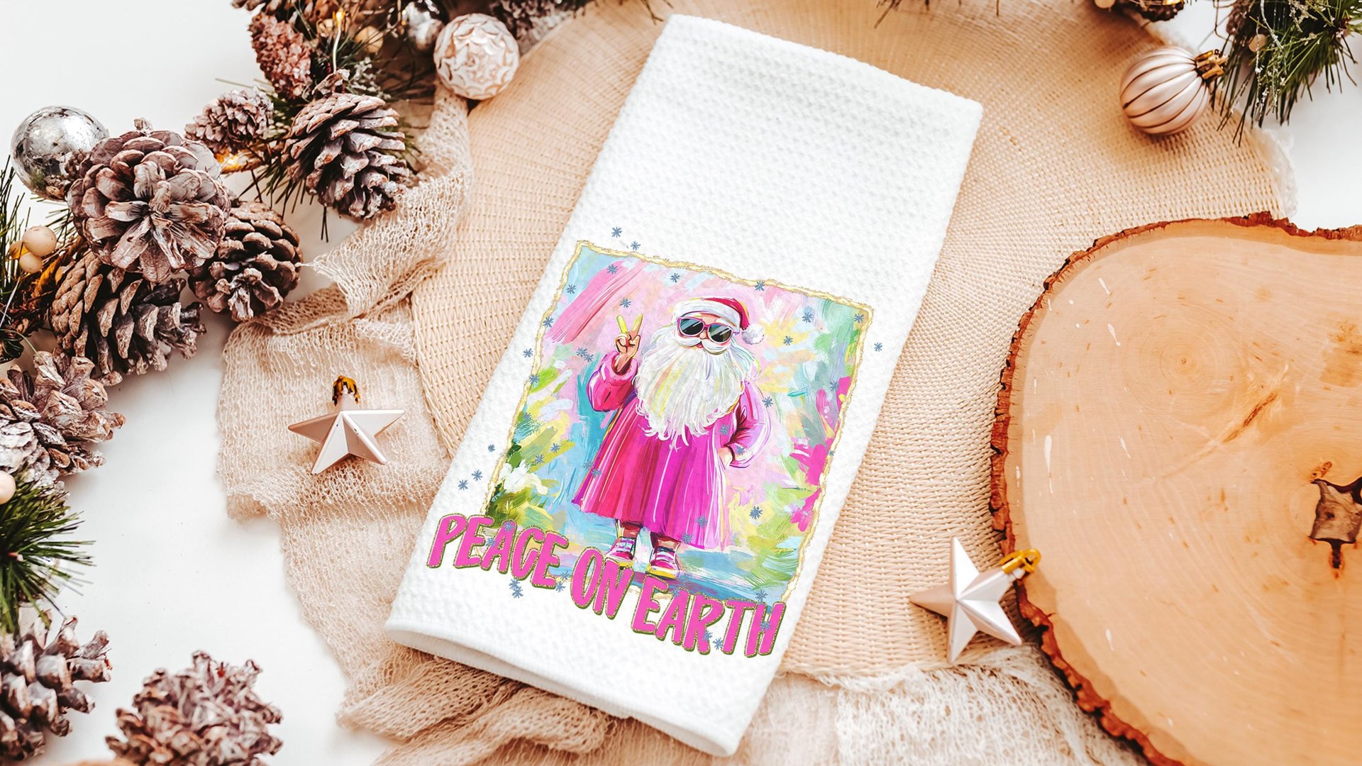 hippie Santa throw pillows for couch, peace on earth kitchen towels for Christmas, hot pink Santa Claus holiday hosting decor home decor