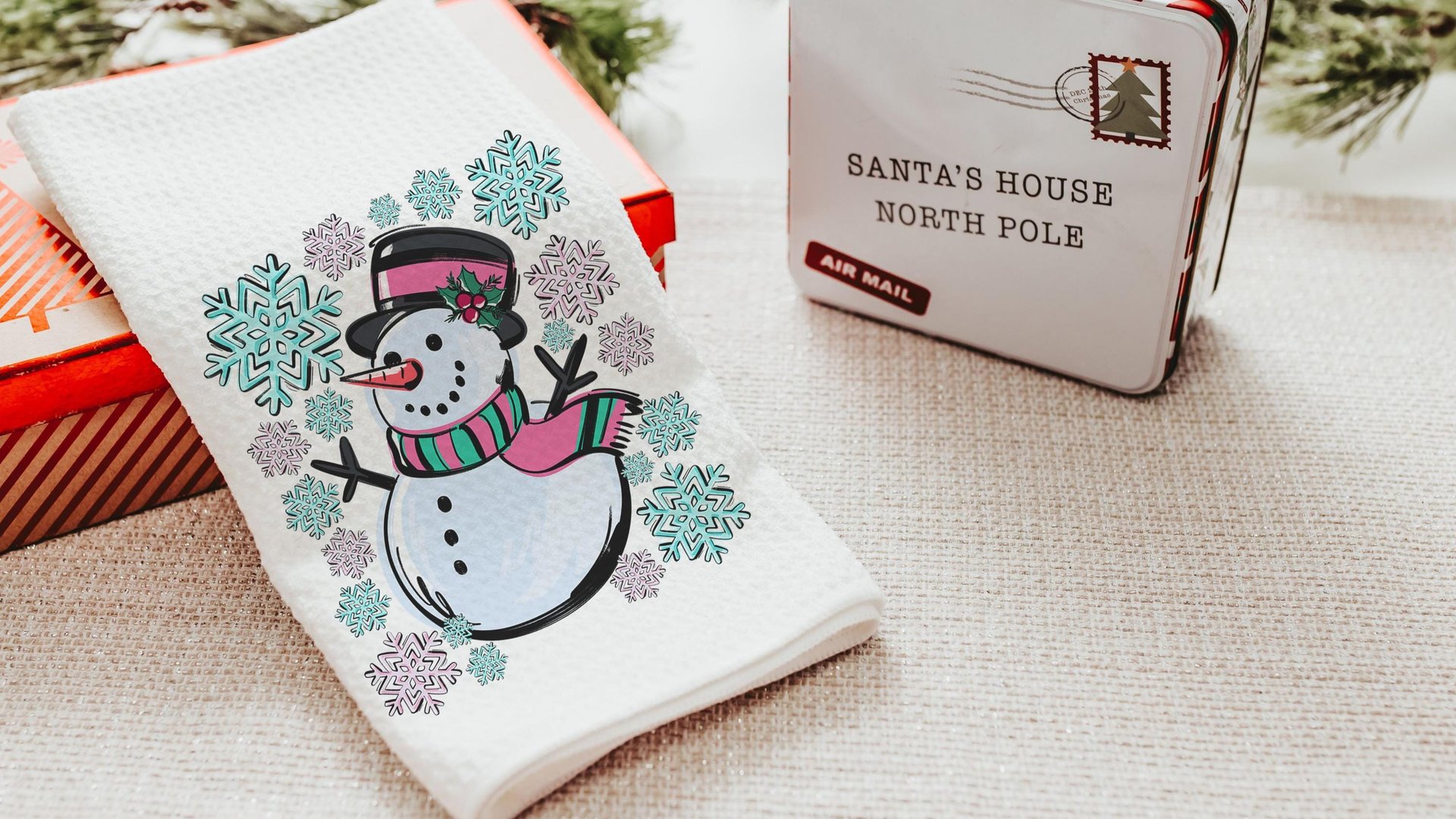 cute snowman throw pillow covers 18x18, pale pink snowflake kitchen towels, girly Christmas gifts for adult daughter, aqua Christmas decor