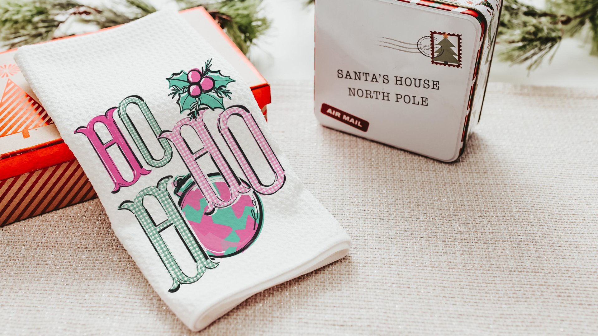 ho ho ho turquoise Christmas throw pillow covers 18x18, bright pink Christmas kitchen towels, girly Christmas gifts for adult daughter, best