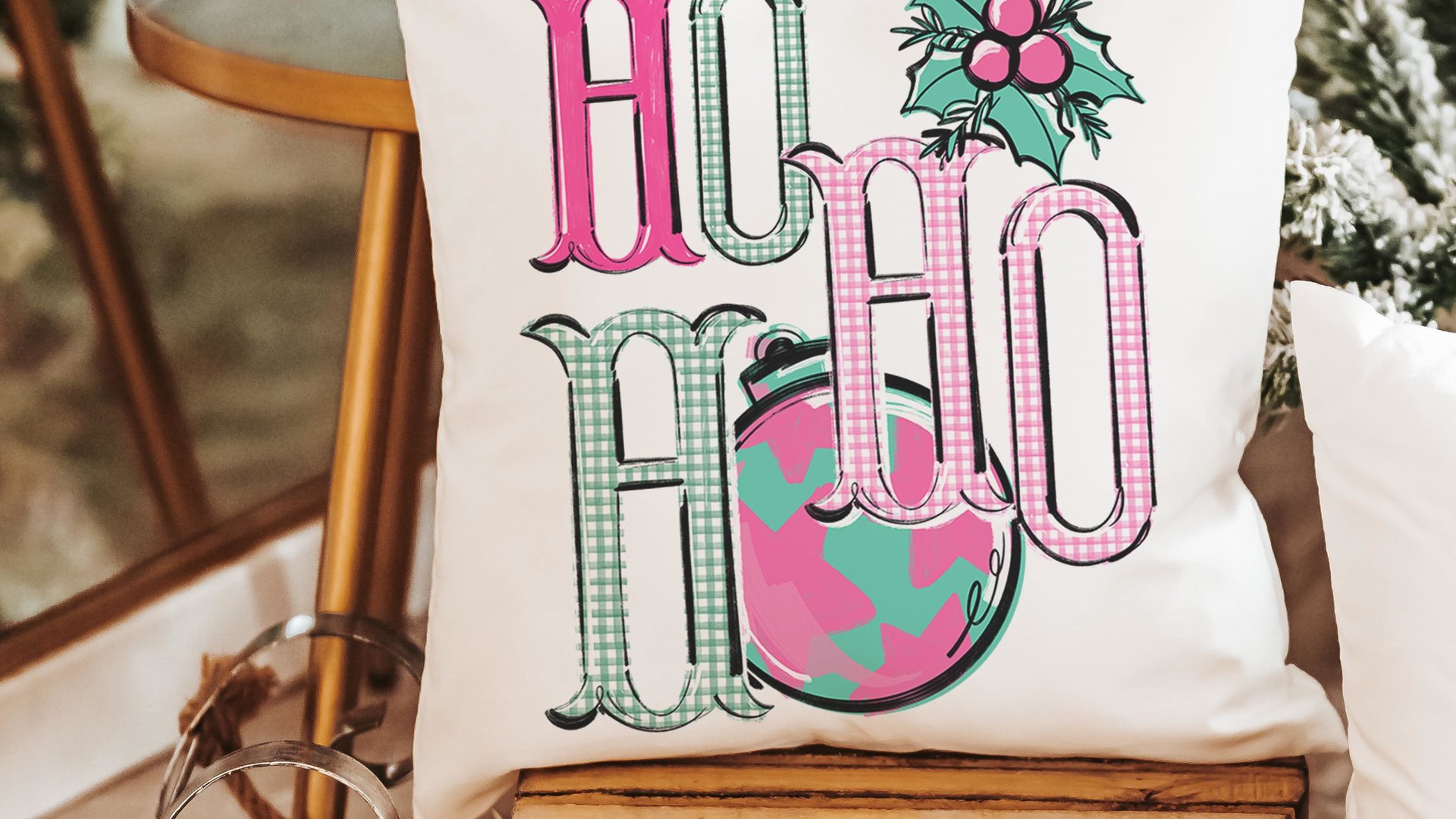 ho ho ho turquoise Christmas throw pillow covers 18x18, bright pink Christmas kitchen towels, girly Christmas gifts for adult daughter, best