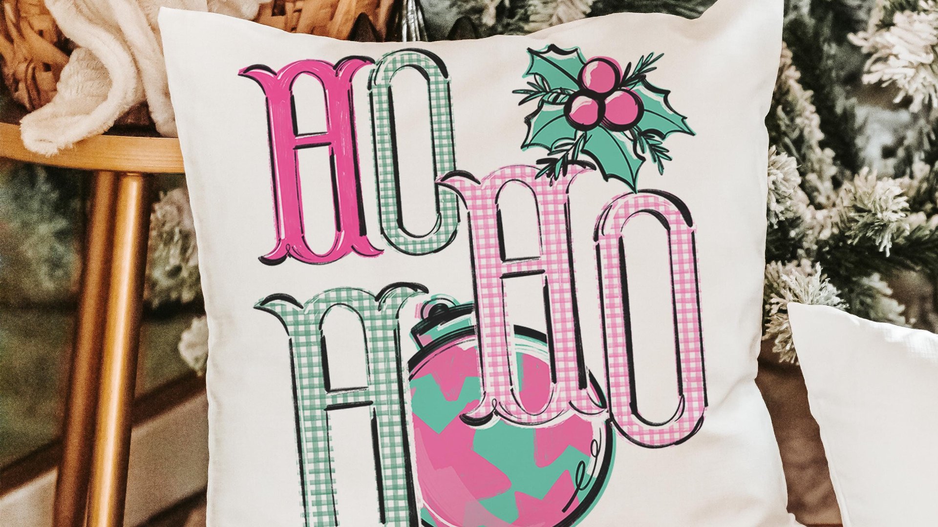 ho ho ho turquoise Christmas throw pillow covers 18x18, bright pink Christmas kitchen towels, girly Christmas gifts for adult daughter, best