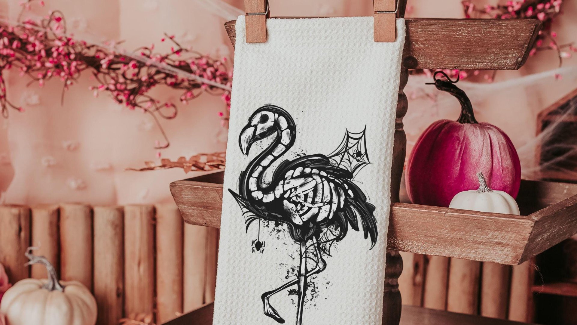 flamingo skeleton hand towels for bathroom, spooky cute Halloween kitchen towels home essentials, boo basket stuffers for girlfriend, beach