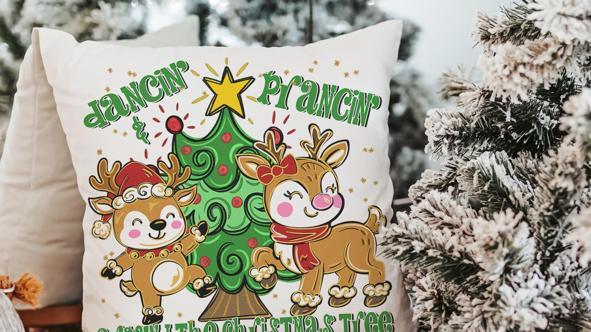 dancing reindeer pillow for girls room, reindeer gifts, trendy decorative throw pillows for chairs, whimsical Christmas gifts for home, best