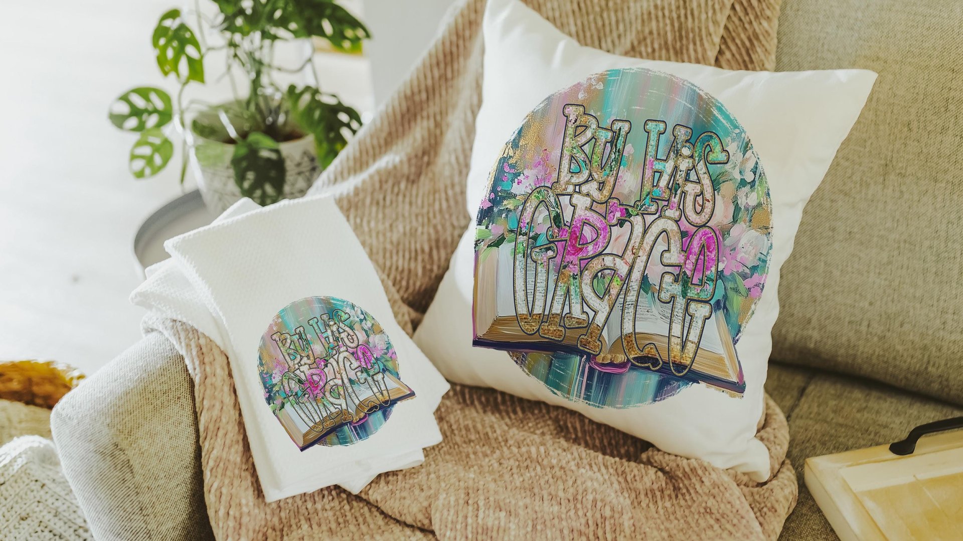 by His grace Christian kitchen towels for Mom, Christian Easter decor gift, watercolor floral hand towels for church, faith gifts for sister