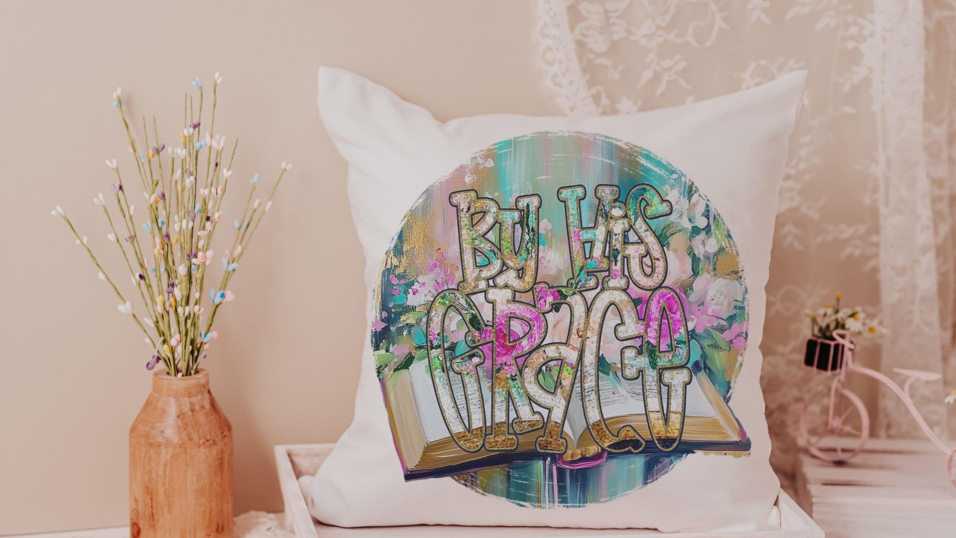 by His grace Christian kitchen towels for Mom, Christian Easter decor gift, watercolor floral hand towels for church, faith gifts for sister