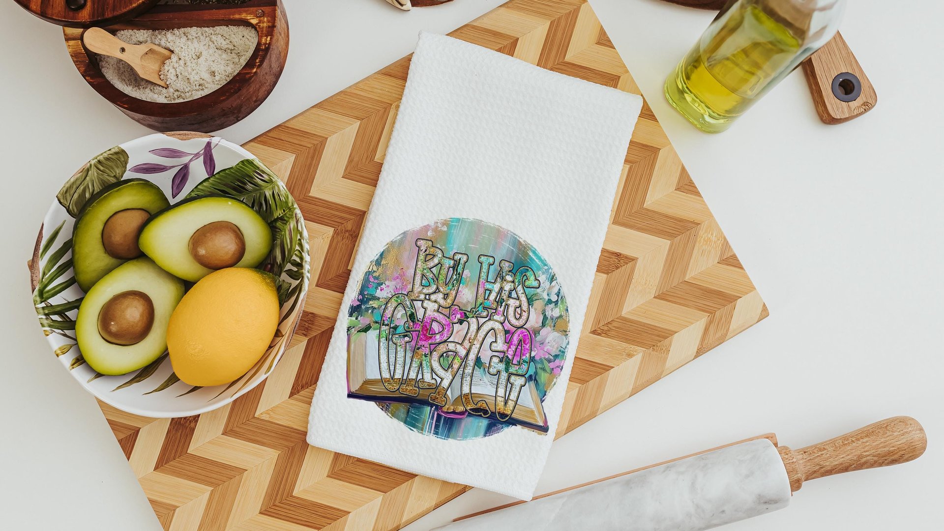 by His grace Christian kitchen towels for Mom, Christian Easter decor gift, watercolor floral hand towels for church, faith gifts for sister