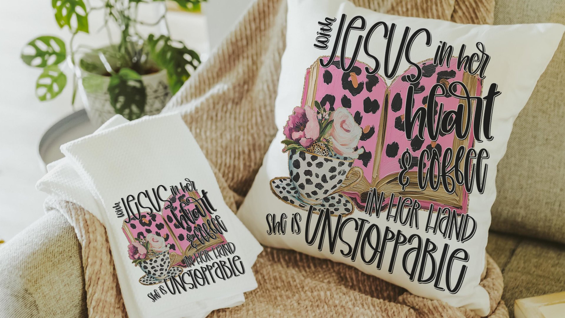 with Jesus in her heart leopard print throw pillows best sellers, Christian kitchen towels, religious Christmas gifts for godmother, coffee