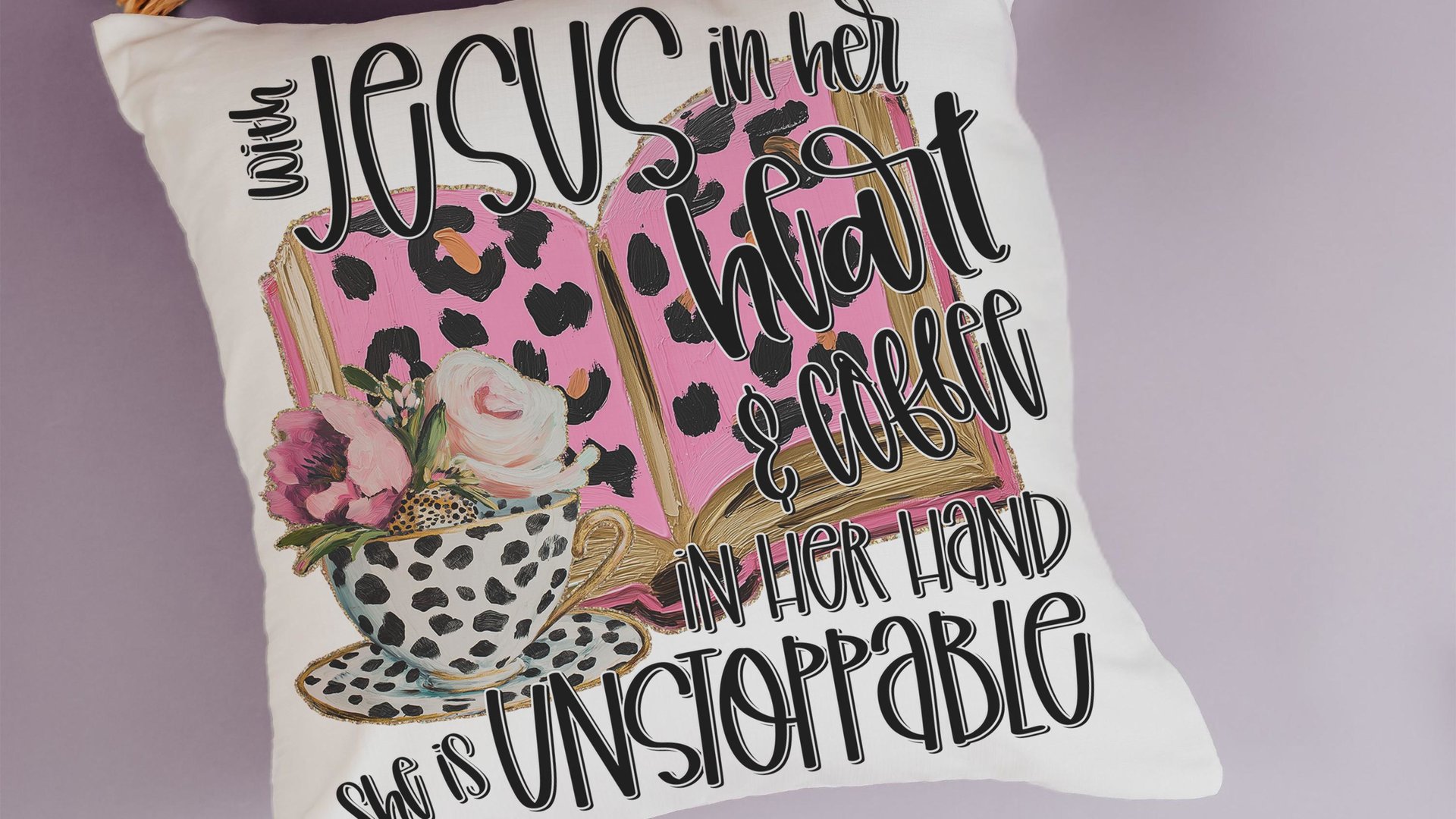 with Jesus in her heart leopard print throw pillows best sellers, Christian kitchen towels, religious Christmas gifts for godmother, coffee