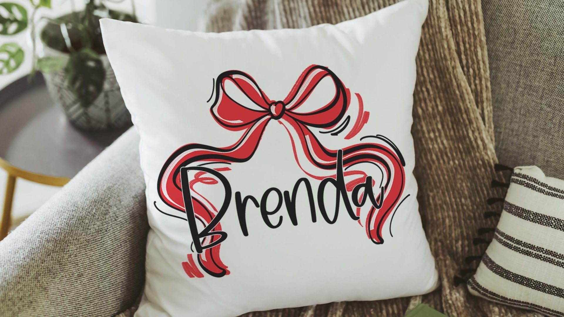 personalized Christmas coquette throw pillow with name, red and green Christmas bow accent pillow for couch, whimsical Christmas gifts for