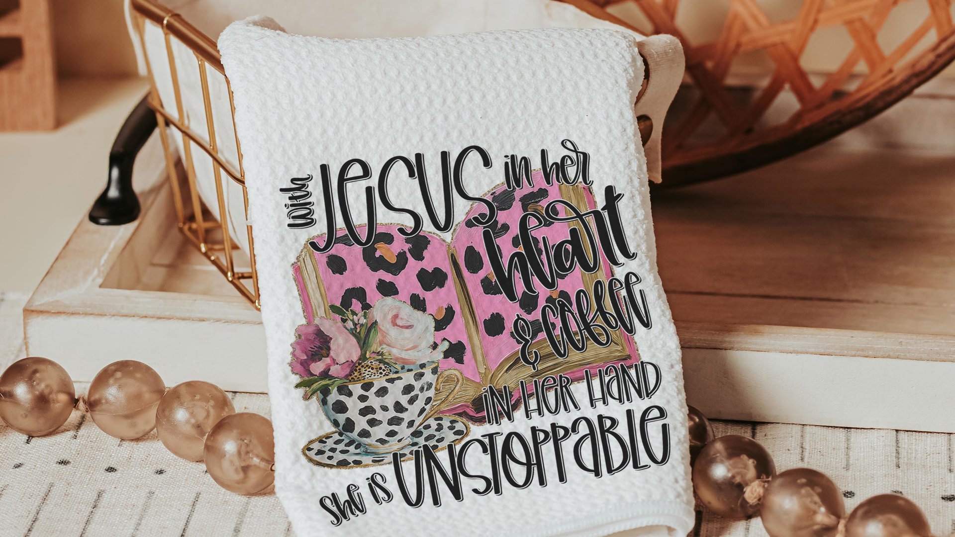 with Jesus in her heart leopard print throw pillows best sellers, Christian kitchen towels, religious Christmas gifts for godmother, coffee