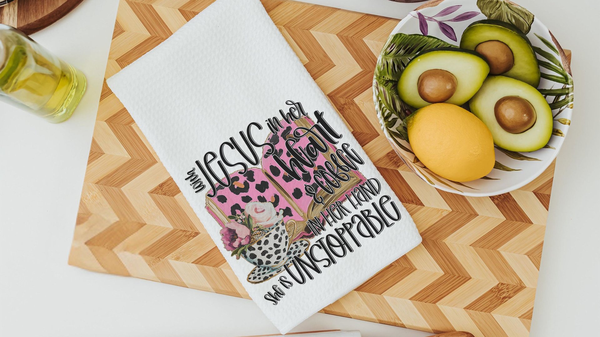 with Jesus in her heart leopard print throw pillows best sellers, Christian kitchen towels, religious Christmas gifts for godmother, coffee