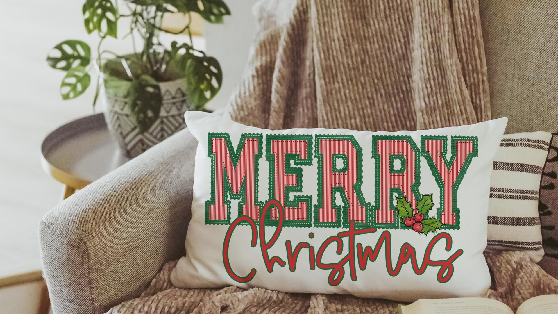 seersucker Christmas lumbar pillows for chair, secret Santa gifts for work, trendy decorative throw pillows for couch, preppy Christmas