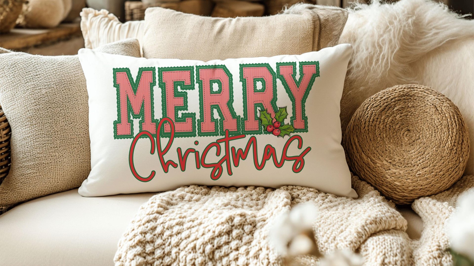 seersucker Christmas lumbar pillows for chair, secret Santa gifts for work, trendy decorative throw pillows for couch, preppy Christmas