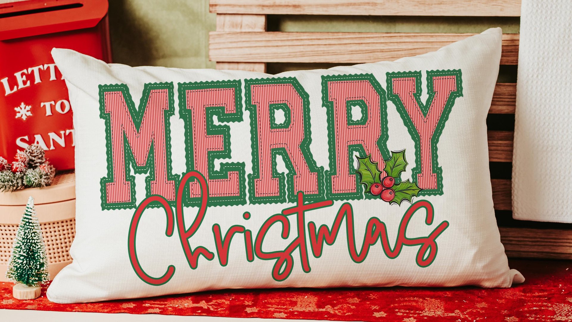 seersucker Christmas lumbar pillows for chair, secret Santa gifts for work, trendy decorative throw pillows for couch, preppy Christmas