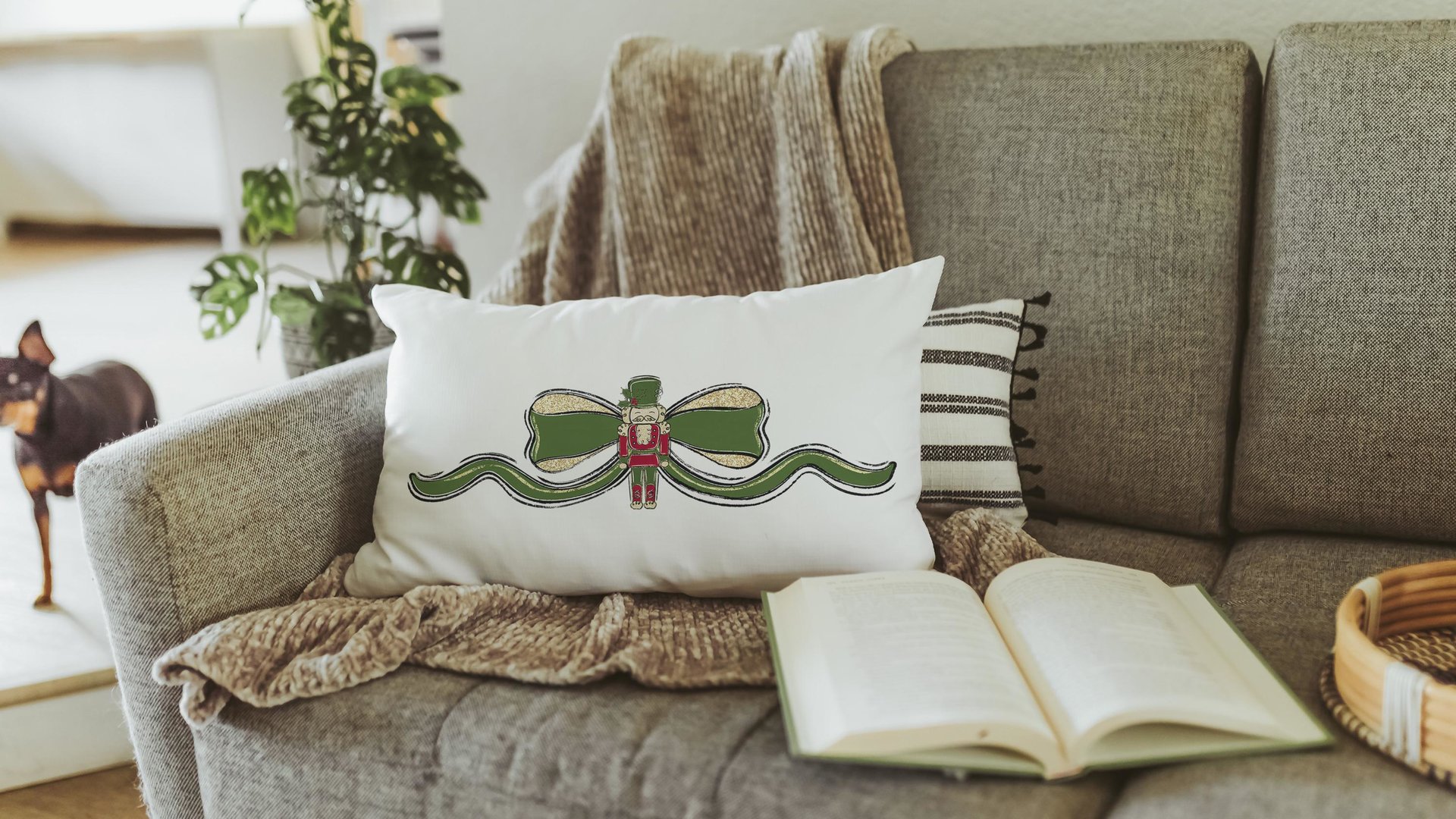 grandmillennial Christmas lumbar pillows for bench, trendy decorative throw pillows for chairs, nutcracker coquette Christmas decor for home