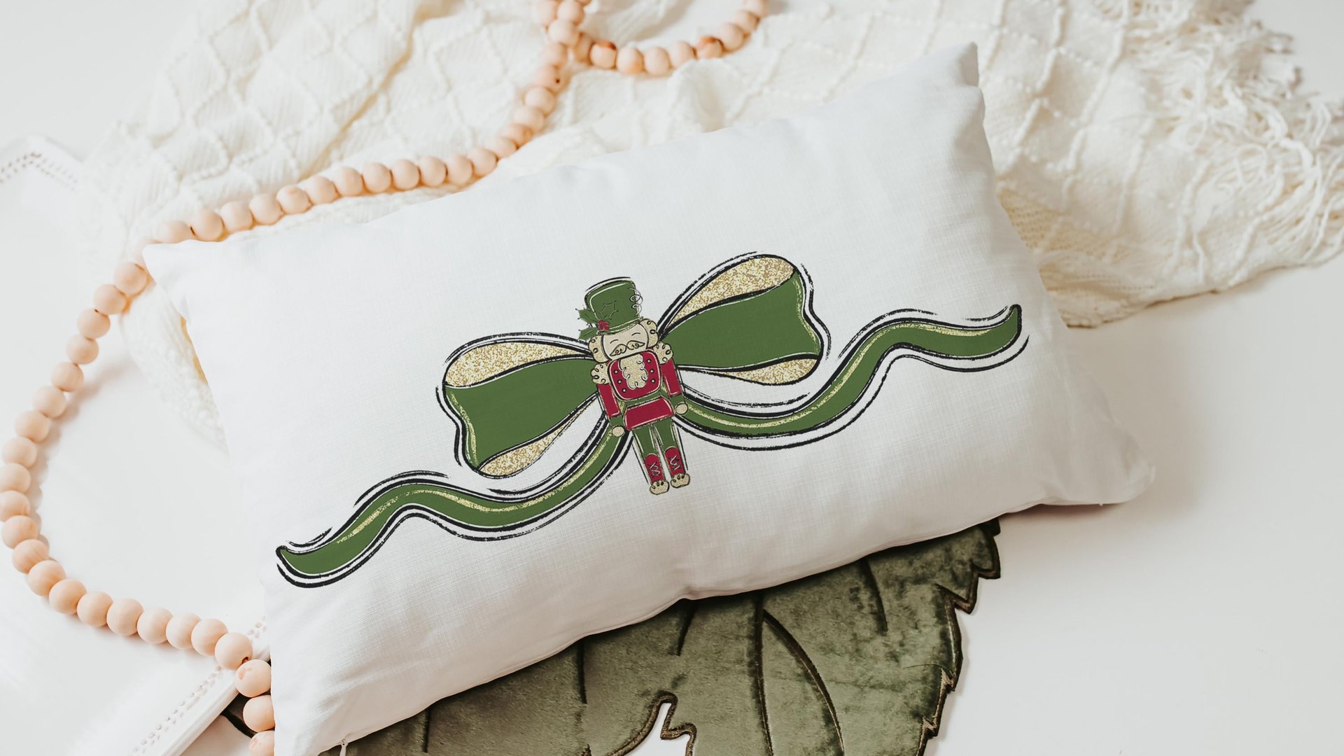 grandmillennial Christmas lumbar pillows for bench, trendy decorative throw pillows for chairs, nutcracker coquette Christmas decor for home