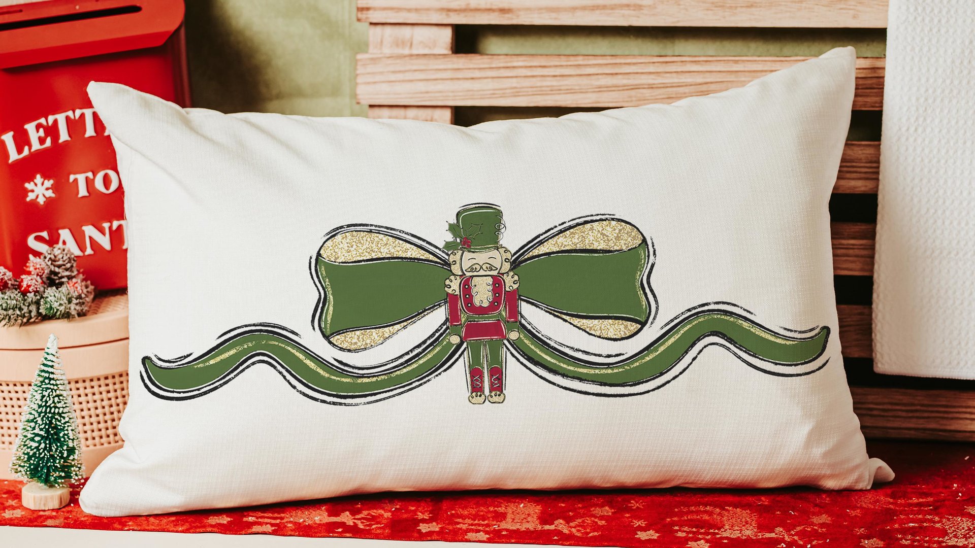 grandmillennial Christmas lumbar pillows for bench, trendy decorative throw pillows for chairs, nutcracker coquette Christmas decor for home