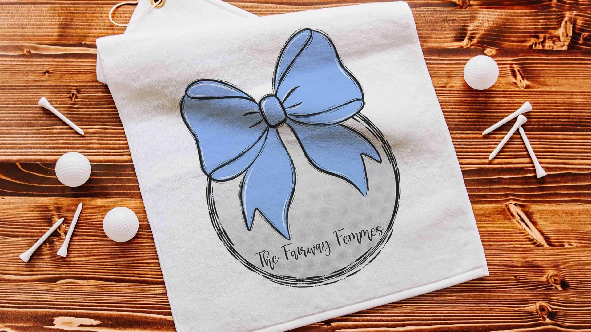 personalized golf towel with grommet, blue coquette bow golf bag towel for women, cute golf gifts for her, lady golfer gifts, ball towel
