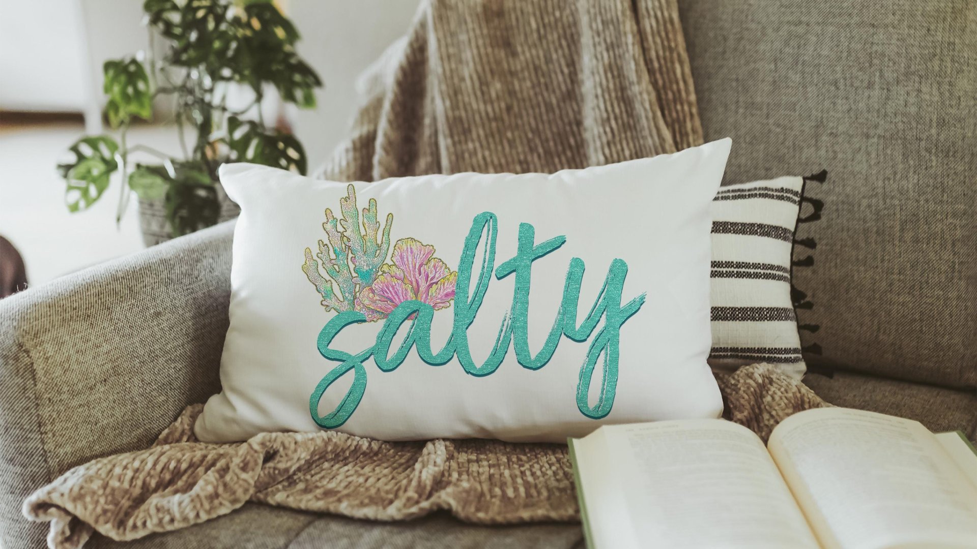 salty beach lumbar throw pillows for couch, mermaid vibes decorative pillows for girls, coastal housewarming gifts for daughter, funny gifts