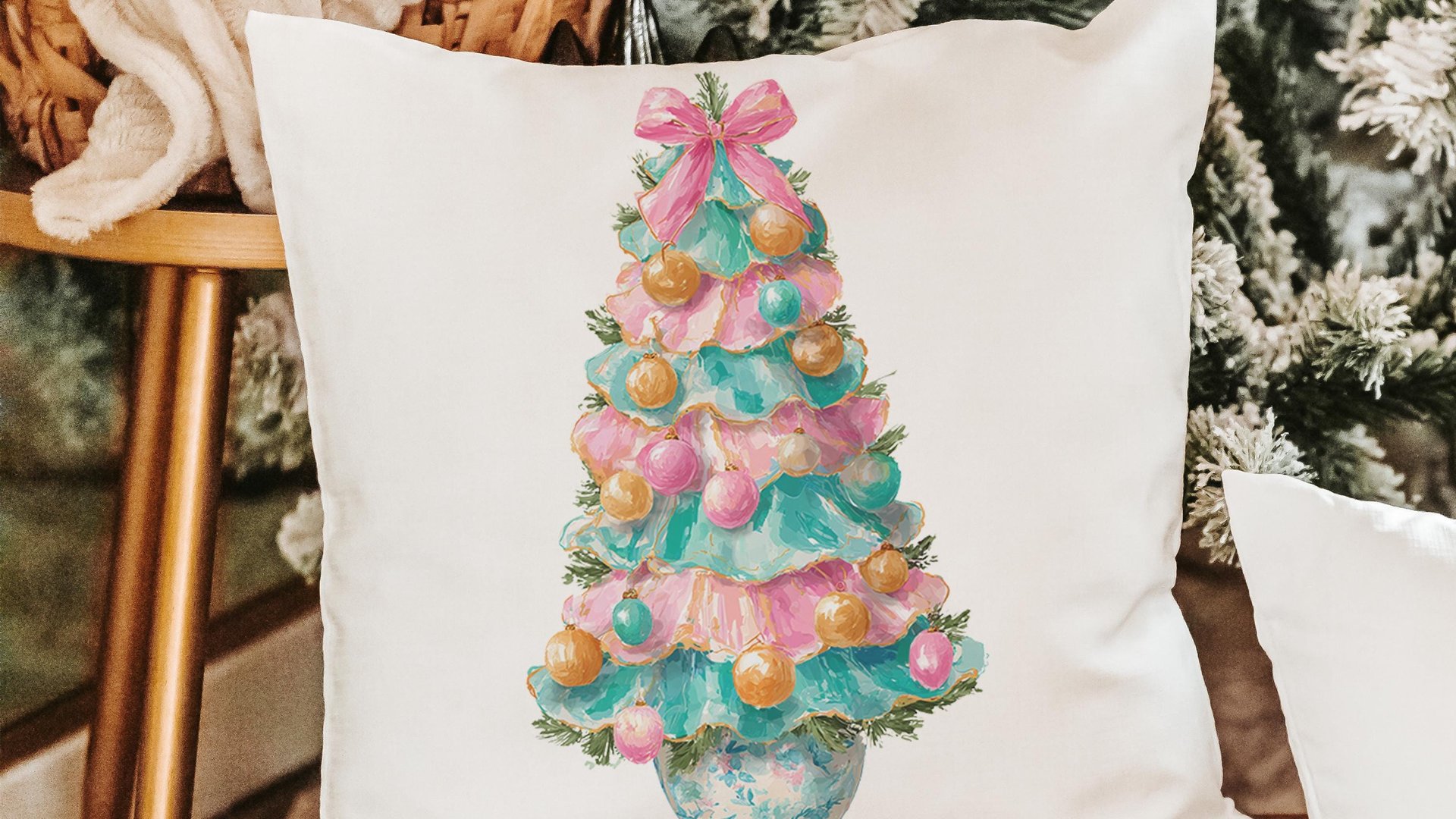 pastel Christmas tree throw pillows for couch pink grandmillenial Christmas kitchen towels for winter, holiday hosting decor home decor gift