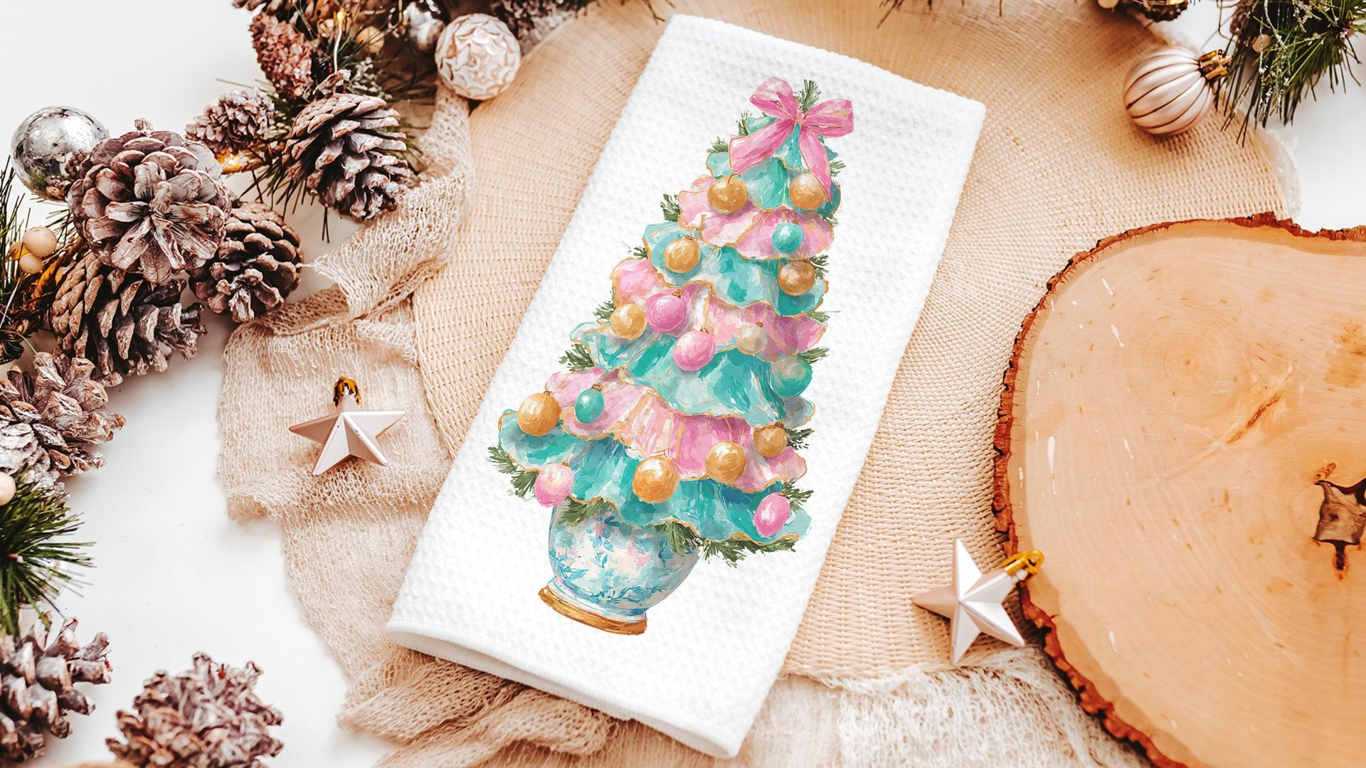 pastel Christmas tree throw pillows for couch pink grandmillenial Christmas kitchen towels for winter, holiday hosting decor home decor gift